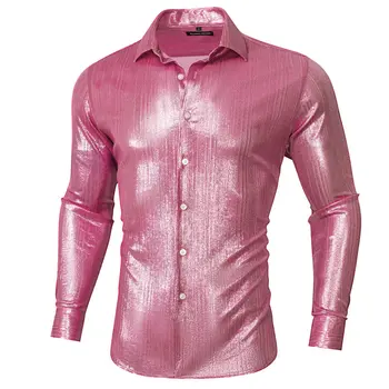Кораллово-розовая мужская шелковая рубашка, модная тканая рубашка с длинным рукавом и отложным воротником, повседневный крой, подарки для вечеринки, мужской жених, свадебный Барри.Wang CY-705