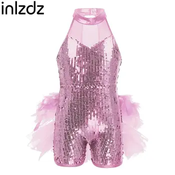inIzdz Для девочек, Чистые Розовые платья без рукавов с блестящими пайетками, Балетные танцевальные платья с макетом шеи с Пером, 1 шт., сетчатый костюм для танцев