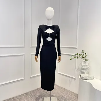Лето-осень 2023, Новейшее Сексуальное розовое Черное платье миди с длинным рукавом и открытой спиной для женщин, модная