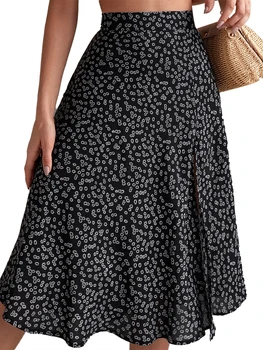 Шикарная женская юбка-макси с высокой талией и цветочным принтом в богемном стиле, разрезом по бедрам и трапециевидными складками - Идеально подходит для клубной одежды Y2K и