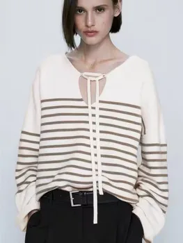 Женский осенний новый модный универсальный вязаный свитер в полоску в стиле ретро с длинным рукавом, шикарный повседневный свитер на шнуровке с круглым вырезом Mujer 2023