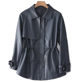 2023 Осенняя синяя Короткая кожаная куртка, Женская Корейская мода, Пальто из искусственной кожи на молнии с завязками, Женская Верхняя одежда с длинным рукавом