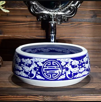 Синяя и белая Фарфоровая Художественная столешница Procelain art, Керамическая раковина для ванной комнаты Lavabo, фарфоровый умывальник, раковины для ванной комнаты