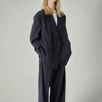 Женское пальто 2023, весенне-летний новый полосатый темно-синий пиджак