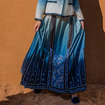 Женская Улучшенная юбка Mamian Qun из бирюзовой шелковой парчи с вышивкой бабочкой и пионом, Китайская юбка Hanfu с лошадиным лицом