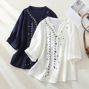 Хлопковая льняная женская рубашка, Лето 2023, Новые винтажные блузки с вышивкой, Свободный топ с короткими рукавами и V-образным вырезом, Женская одежда YCMYUNYAN