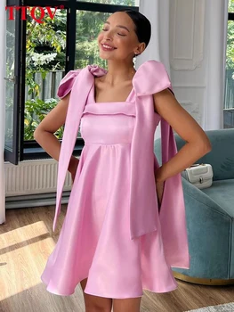 TTQV Элегантные Розовые Атласные Платья Для женщин 2023, Модное Платье с квадратным вырезом и бантом на бретелях, Повседневное Свободное мини-платье, Женская одежда