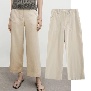 Maxdutti, Японские модные Простые Женские брюки с высокой талией, Женские Повседневные брюки с карманами в стиле ретро, Льняные брюки, Свободные Повседневные