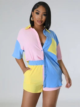 INS Комплекты шорт с цветными блоками для женщин, комплект из двух предметов, летняя одежда, рубашка с коротким рукавом, Топ и шорты, костюмы, спортивные костюмы