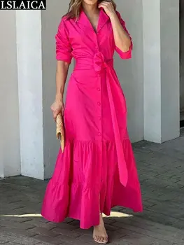 Горячая распродажа Повседневных женских платьев-рубашек Розового цвета Шикарное Элегантное длинное платье С пуговицами Дизайн Одежды Женское Лето 2023 Новинка
