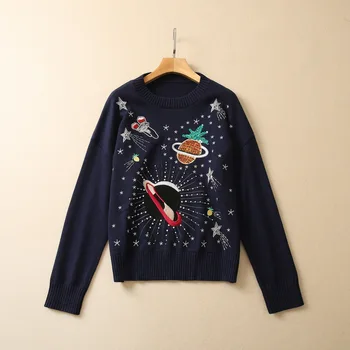 Европейская и американская женская одежда для зимы 2022, модный вязаный свитер с длинным рукавом и круглым вырезом, вышитый бисером в виде звезды