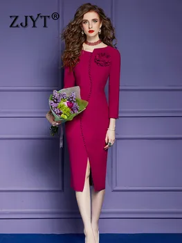 ZJYT 2023 Весеннее коктейльное платье с 3D цветочным рисунком для женщин, Вечернее Элегантное Платье с длинным рукавом и пуговицами, Прямое Платье для офиса, Леди 5XL