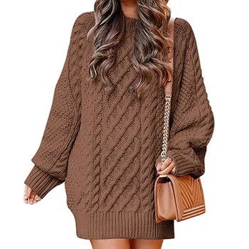 Модный Саржевый Вязаный Пуловер с толстой иглой, с круглым вырезом и длинными рукавами, крупной вязки, Платье-свитер средней длины, Пуловер в винтажном стиле