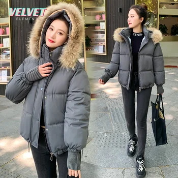 VelvetElements Пуховая Куртка с хлопчатобумажной подкладкой Большого размера, Женская зимняя короткая Меховая куртка с хлопчатобумажной подкладкой, Свободная корейская версия