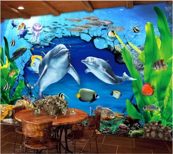 Изготовленная на заказ фреска фото 3D обои Дельфин Подводный мир Морские водоросли декор комнаты живопись 3D настенные фрески обои для стены 3 d