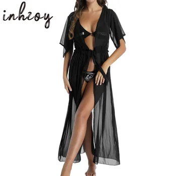 Женский Сексуальный халат из прозрачной сетки, кардиган с коротким рукавом, Прозрачная ночная рубашка Макси с завязками, Пляжная одежда