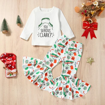 Рождественские наряды для маленьких девочек из 2 предметов, Шляпа с длинными рукавами, Топы с буквенным принтом, Расклешенные брюки, комплект одежды для малышей