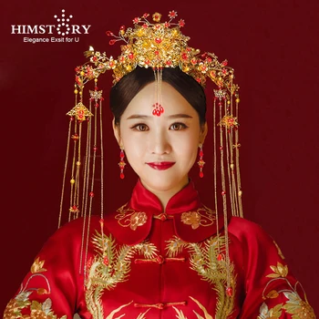 HIMSTORY Винтажное Украшение для волос в виде Короны Красного Феникса Ручной работы, серьги-заколки с кисточками, Женские украшения для волос Невесты в китайском стиле
