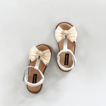 Летние Модные сандалии с милыми кроликами из натуральной кожи для маленьких девочек; Мягкая стелька с бантиком и открытыми носками; Детская пляжная обувь от 6 лет;