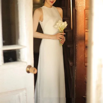 Частное Изготовленное на Заказ Французское Свадебное платье Невесты Белое Женское Сексуальное платье с открытой спиной и бантом из атласа без рукавов