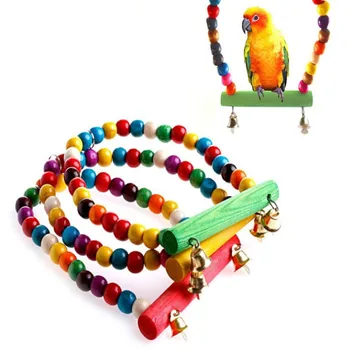 Деревянная игрушка-качели для попугаев, аксессуары для птичьей клетки, подставка для птиц, Подвесной окунь для птиц, игрушка-качели для попугаев с разноцветными бусинками и колокольчиками