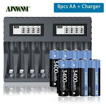 AJNWNM Оригинальная Литиевая Аккумуляторная батарея AA 1.5V 3400mWh Большой Емкости, Литий-ионный аккумулятор С 8 слотами, Зарядное устройство 1.5V