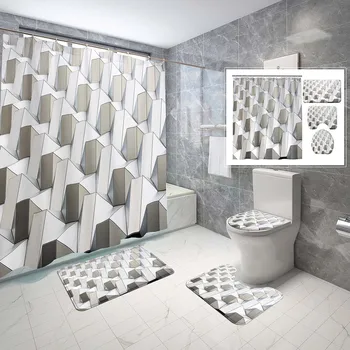 Наборы занавесок для душа в геометрической тематике, 4 шт., Белый 3D прямоугольный узор, Нескользящий коврик для ванной, Крышка унитаза, Водонепроницаемый набор занавесок для душа