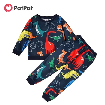PatPat/ Новые осенне-весенние комплекты для мальчиков из 2 предметов, пуловер с длинными рукавами и штаны с динозавром из мультфильма для малышей, детская одежда