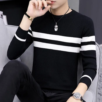 Весенне-осенний мужской свитер, корейская версия одежды, приталенный топ, мужская трикотажная рубашка, линейные леггинсы