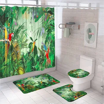 4 шт., набор штор для душа с тропическими попугаями, зеленые листья джунглей, разноцветная птица-бабочка, декор для ванной комнаты, нескользящий коврик для туалета, коврик для ванной