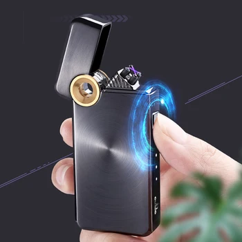 Новая высококачественная металлическая USB-перезаряжаемая двухдуговая плазменная ветрозащитная зажигалка с индивидуальным спиральным рисунком, светодиодный дисплей питания, мужской подарок