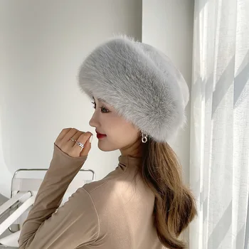 Зимняя шапка для женщин, Пуловер из искусственного меха Лисы, Шапка для Улицы, Теплый Толстый Берет, Шапка для защиты ушей Монгольской принцессы