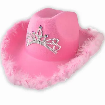 Корона пастушка Hat для женщин Девушки ковбойские шапки розовая тиара пастушка шляпа праздник, костюм партия шляпа перо края Федора шапки