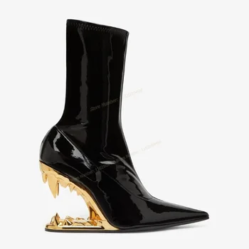 Черные Ботильоны из лакированной кожи, Женская Обувь с острым носком, Необычный Стиль, Пикантные Туфли на высоком Каблуке, 2023, Zapatos Para Mujere