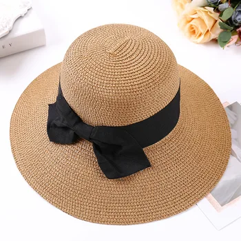 Солнцезащитная шляпа с бантом, красивые соломенные шляпы с широкими полями, Женская летняя кепка для путешествий на открытом воздухе, Корейские модные Пляжные кепки Оптом H040