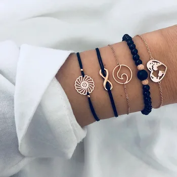 Новый набор браслетов с геометрическим рисунком в виде карты сердца, браслеты с черными камнями в стиле бохо для женщин, модные ювелирные изделия, прямая доставка