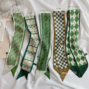 Зеленый Универсальный шелковый шарф в мелкую полоску, декоративный шарф, тонкая узкая лента, повязанная на голову, повязка для волос