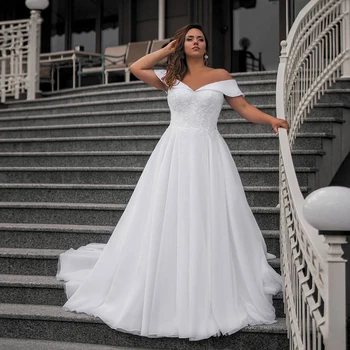 2021 Свадебное платье большого размера, Скромное платье с открытыми плечами, V-образный вырез, аппликации, Сексуальные свадебные платья трапециевидной формы