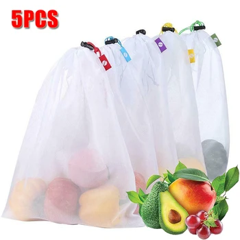 5 шт. Сетчатые сумки для хранения фруктов и овощей, Многоразовые Сетчатые сумки, Кухонный Органайзер для продуктов, Моющиеся игрушки, сумка для упаковки продуктов