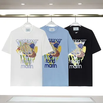 Новый летний тренд на хлопчатобумажной основе с логотипом в виде рыбы на шее 3XL, женская футболка CASABLANCA для мужчин и женщин