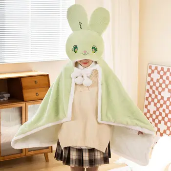 Носимое одеяло с кроликом в стиле Каваи из кораллового бархата, Теплое одеяло в японском стиле, Плащ с капюшоном, Шапочка, Шаль для взрослых и детей