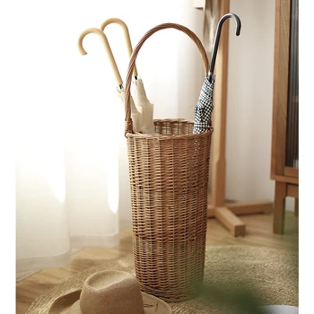 Плетеное ведро для хранения зонтиков в японском стиле, Бытовая дверная стойка для хранения зонтиков, Переносная корзина для грязного белья из ротанга