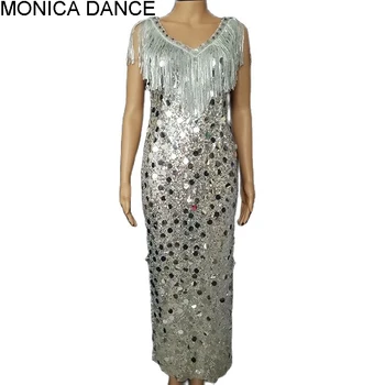 Женское сексуальное длинное платье с блестящими серебряными пайетками и кисточками из каменной сетки, Женское вечернее платье для празднования Дня рождения, выпускного вечера, Певица, Танцовщица, шоу-платье