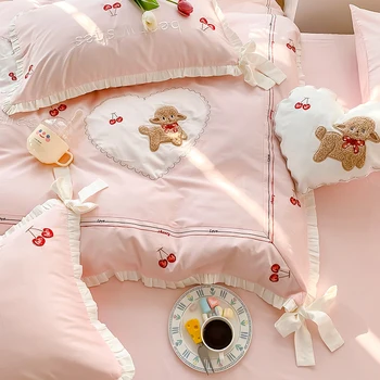 Розовый Милый Маленький Свежий 60 нитей, Длинный штапельный Хлопковый комплект из четырех предметов, Хлопковое одеяло в стиле Принцессы, Хлопковое Постельное белье для девочек