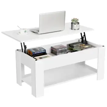 Журнальный столик из современного дерева с откидной крышкой и полкой для хранения, белый