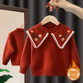 Свитер для девочек, осень-зима 2022, Новый утепленный Детский свитер с флисовой подкладкой, Зимний Красный вязаный низ