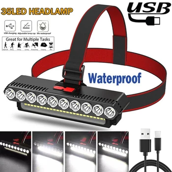 35LED Налобный фонарь Перезаряжаемый USB Супер яркий налобный фонарь на 10 головок, водонепроницаемые фары для охоты и кемпинга