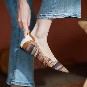MEZEREON/Женская обувь из ткани, Модные Весенне-осенние этнические туфли без застежки на плоской подошве с острым носком и низким каблуком, Женские Туфли из Специального Материала
