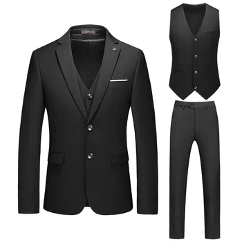 (Блейзер + жилет + брюки) Высококачественный мужской простой деловой элегантный модный костюм джентльмена для собеседования при приеме на работу, тонкий костюм из 3 предметов
