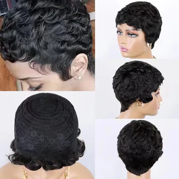 Короткие парики из человеческих волос из натуральных Модных париков в стиле Пикси, полная машина, Дешевые Бесклеевые бразильские человеческие волосы Remy Curl для чернокожих женщин